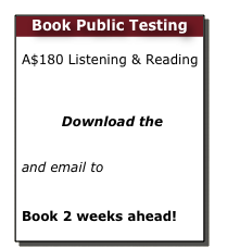 Book Public Testing

A$180 Listening & Reading   
Download the  Booking form
and email to     toeic@pro-match.com  Book 2 weeks ahead! 